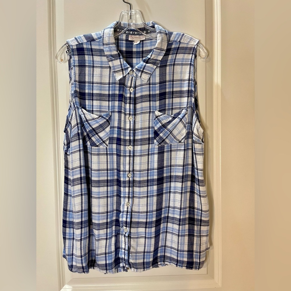 Vintage Dressbarn Blue and White Plaid Sleeveless Button Down Shirt Size XL - Picture 1 of 5